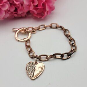 Michael Kors Rose Gold Tone Crystal Heart Charm Toggle Chain Bracelet 7"